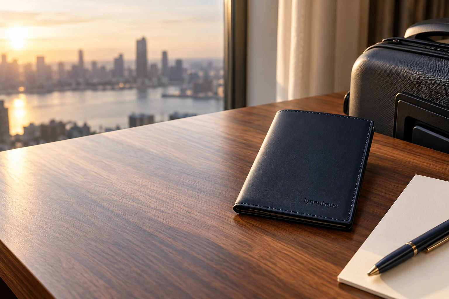 Navy leather passport cover on a business travel desk