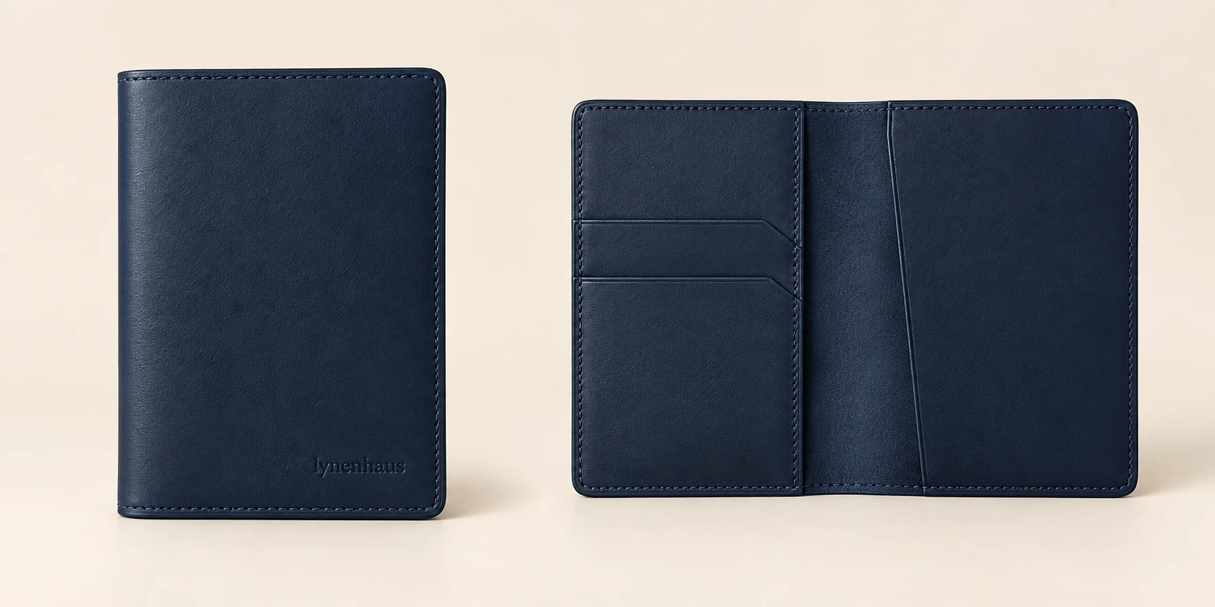 Meridian Passport Cover in Navy, closed and open views