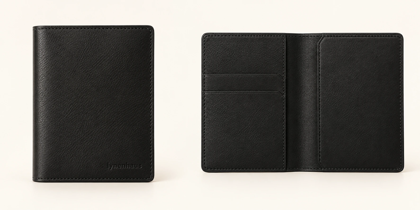 Ledger Passport Cover in Black, closed and open views