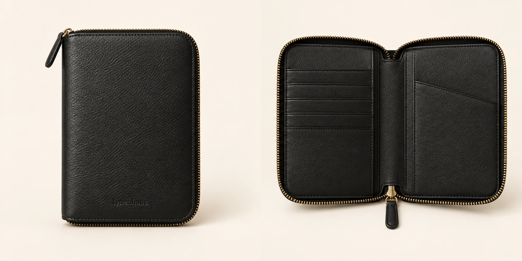 Terminal Zip Organizer in Black, closed and open views