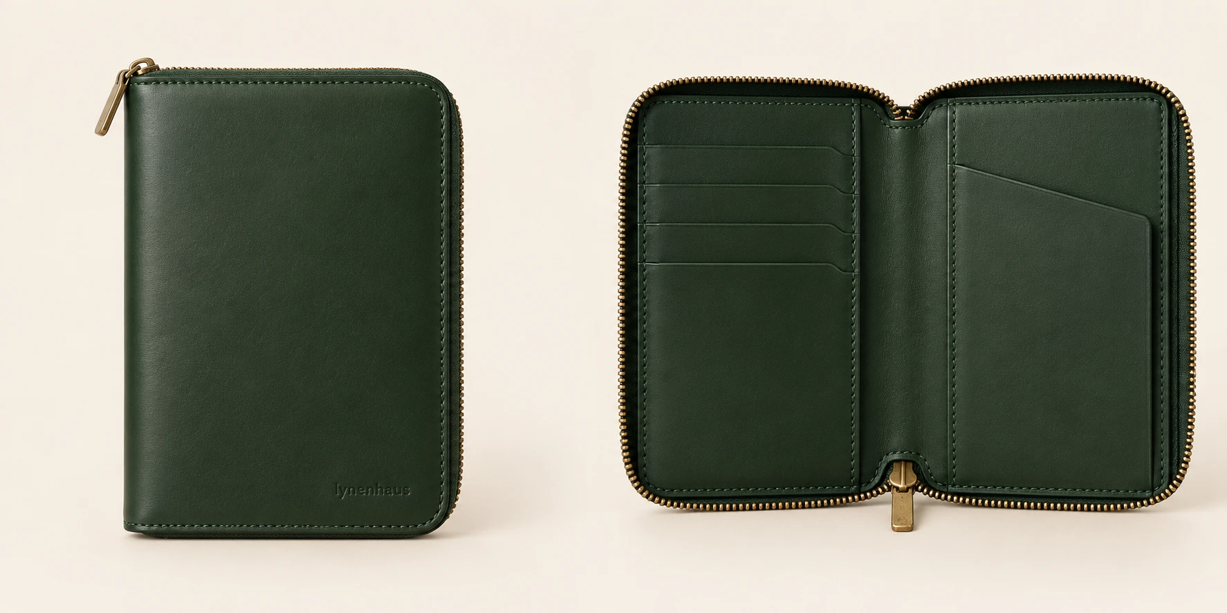 Layover Zip Organizer in Forest, closed and open views